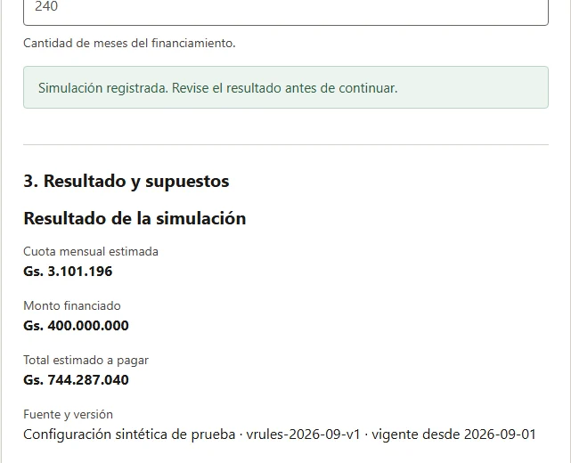 Captura real de simulación con datos sintéticos; no aprueba créditos