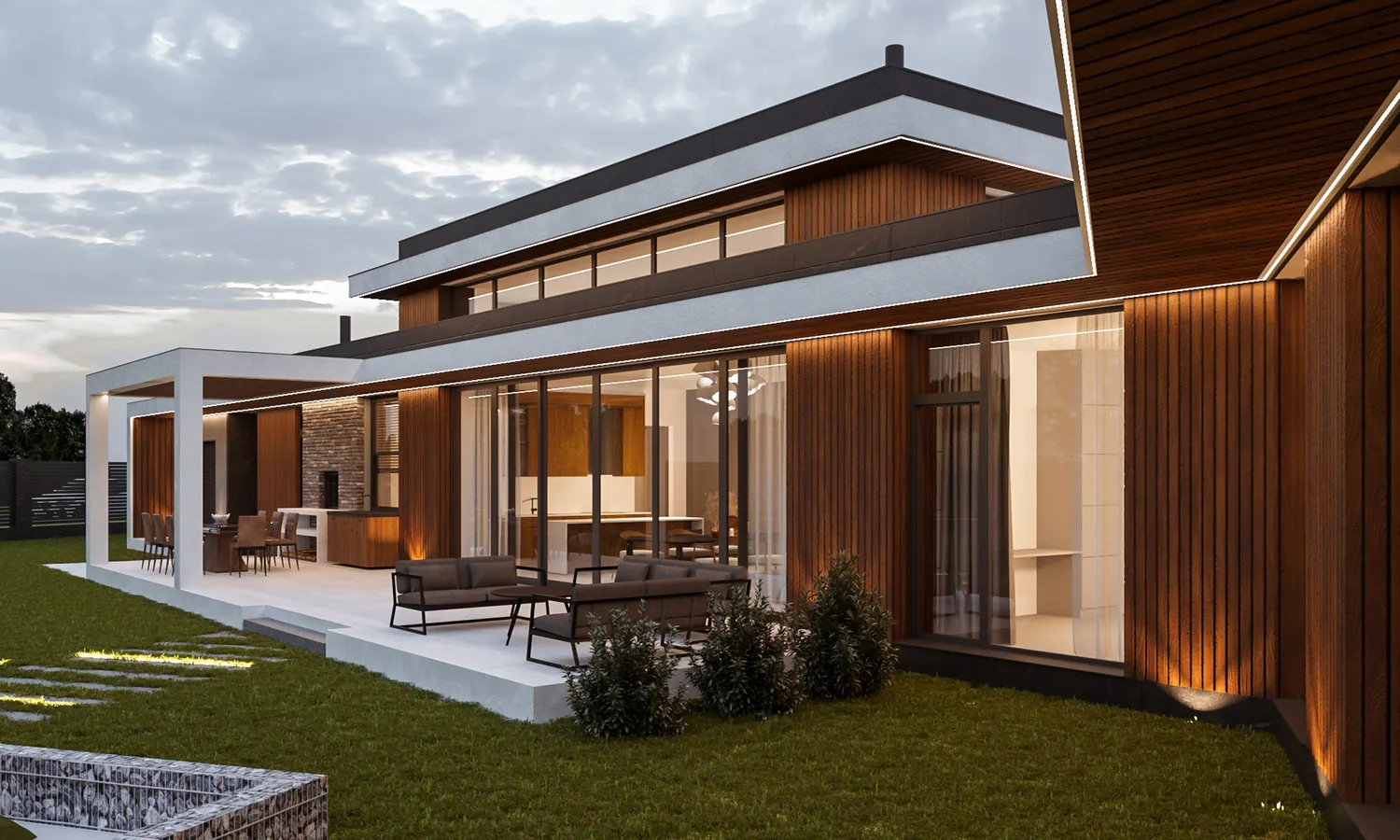 Render ilustrativo de una vivienda contemporánea con fachada de madera
