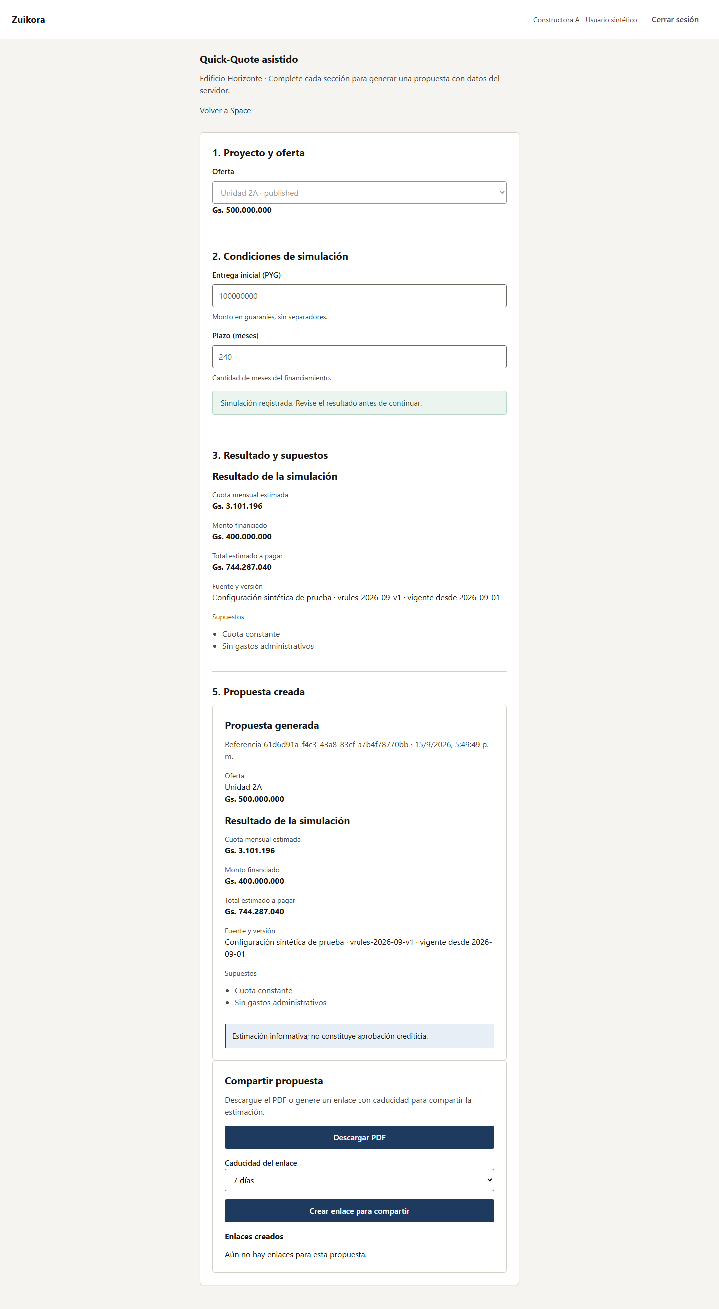 Panel de descarga PDF y enlace compartible
