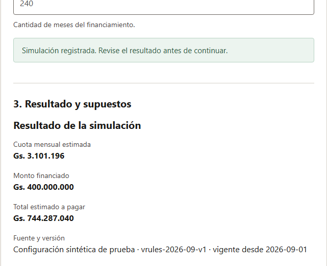 Resultado de simulación con cuota mensual estimada