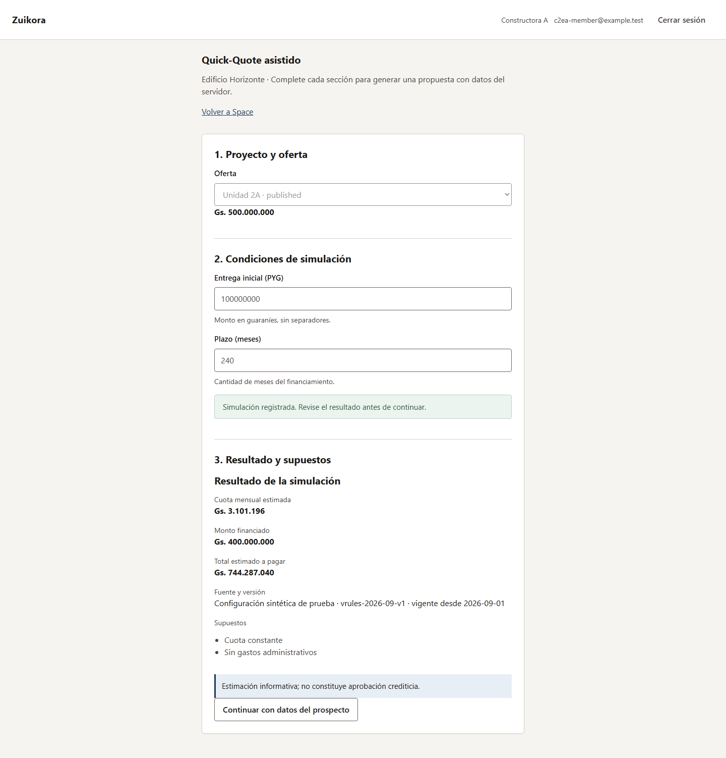 Resultado de simulación con supuestos visibles